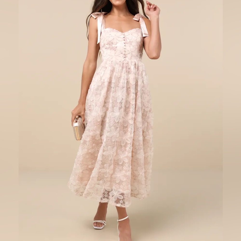 blush pink sequin floral tie-strap midi dress